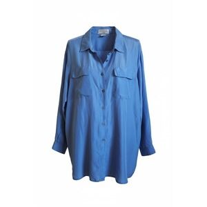 Venezia Vitale 18 20 1X Vintage Y2K 100% Silk Button Up Shirt Blouse Blue
